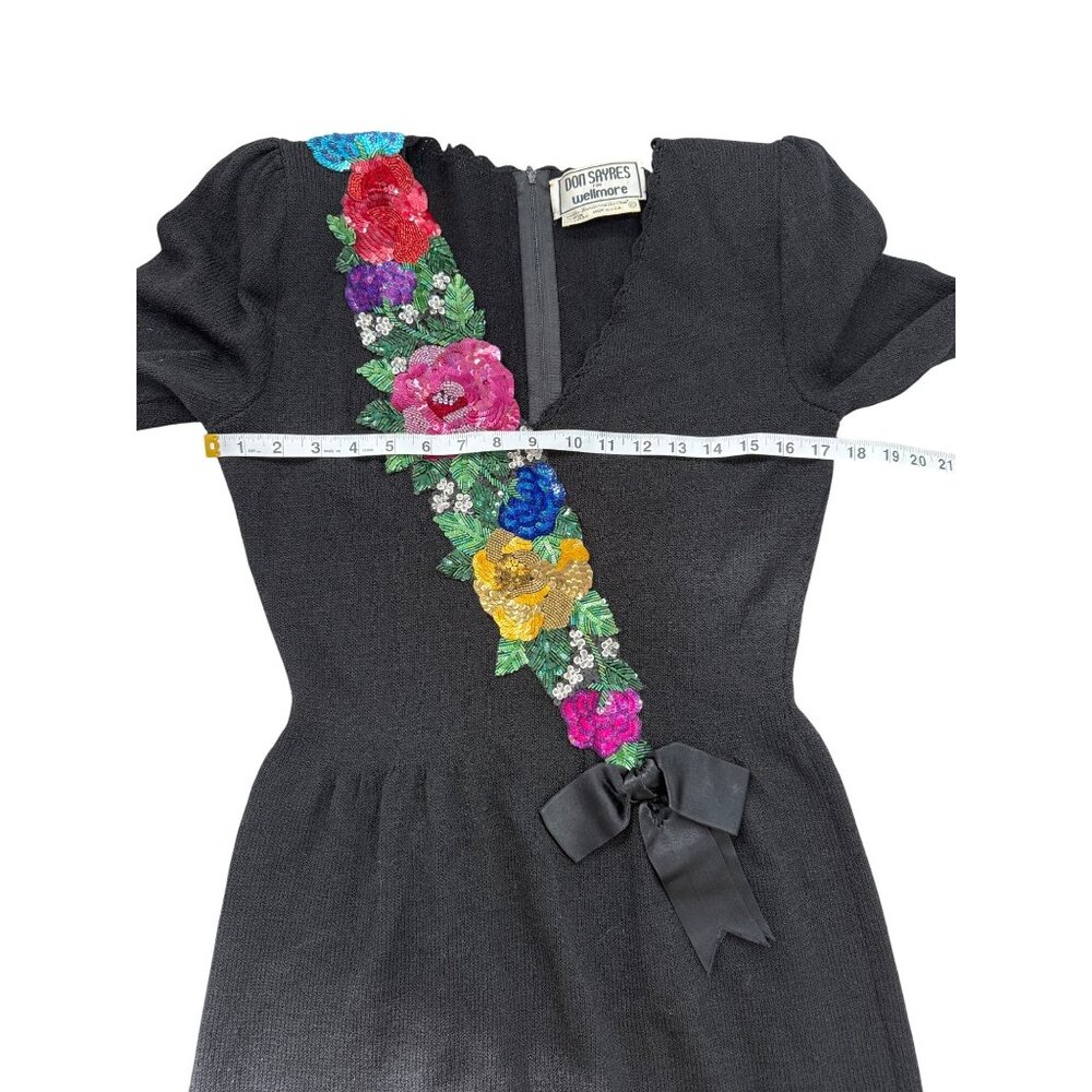 Don Sayres Wellmore Black Santana Knit Dress Floral Applique USA 80s Vtg Size 10 - Picture 7 of 8